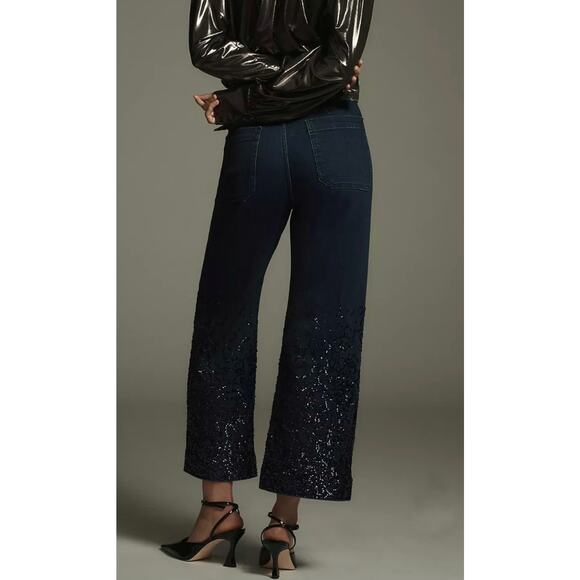Maeve Anthropologie The Colette Wide Leg Cropped Pant Sequin Denim Plus Size 18 - Picture 2 of 10